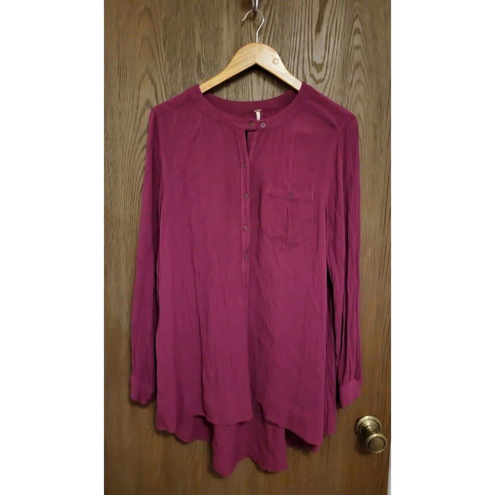 Free People Womens Raspberry Magenta Button Long Sleeve Blouse Size Medium
